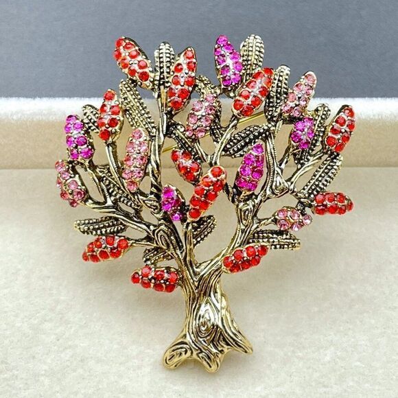 Yellow Gold with Ruby and Pink Sapphire Crystal Blooming Tree Pin Back Brooch - Picture 7 of 9